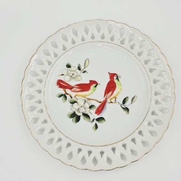 Ucagco Other - Vintage Cardinal Reticulated Display Plate Bird Collector Japan 8" White Red MCM